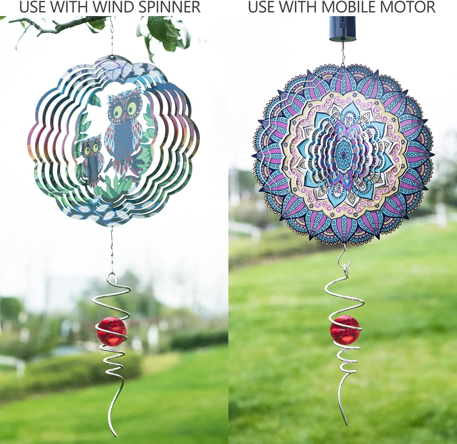 Gazing Ball Spiral Tail Wind Spinner Stabilizer, Garden Decorations Stainless Steel Metal with Hook & Red Crystal Glass Orb Outdoor Hanging Decor Kinetic Yard 3D Swivel Art Sun Catchers