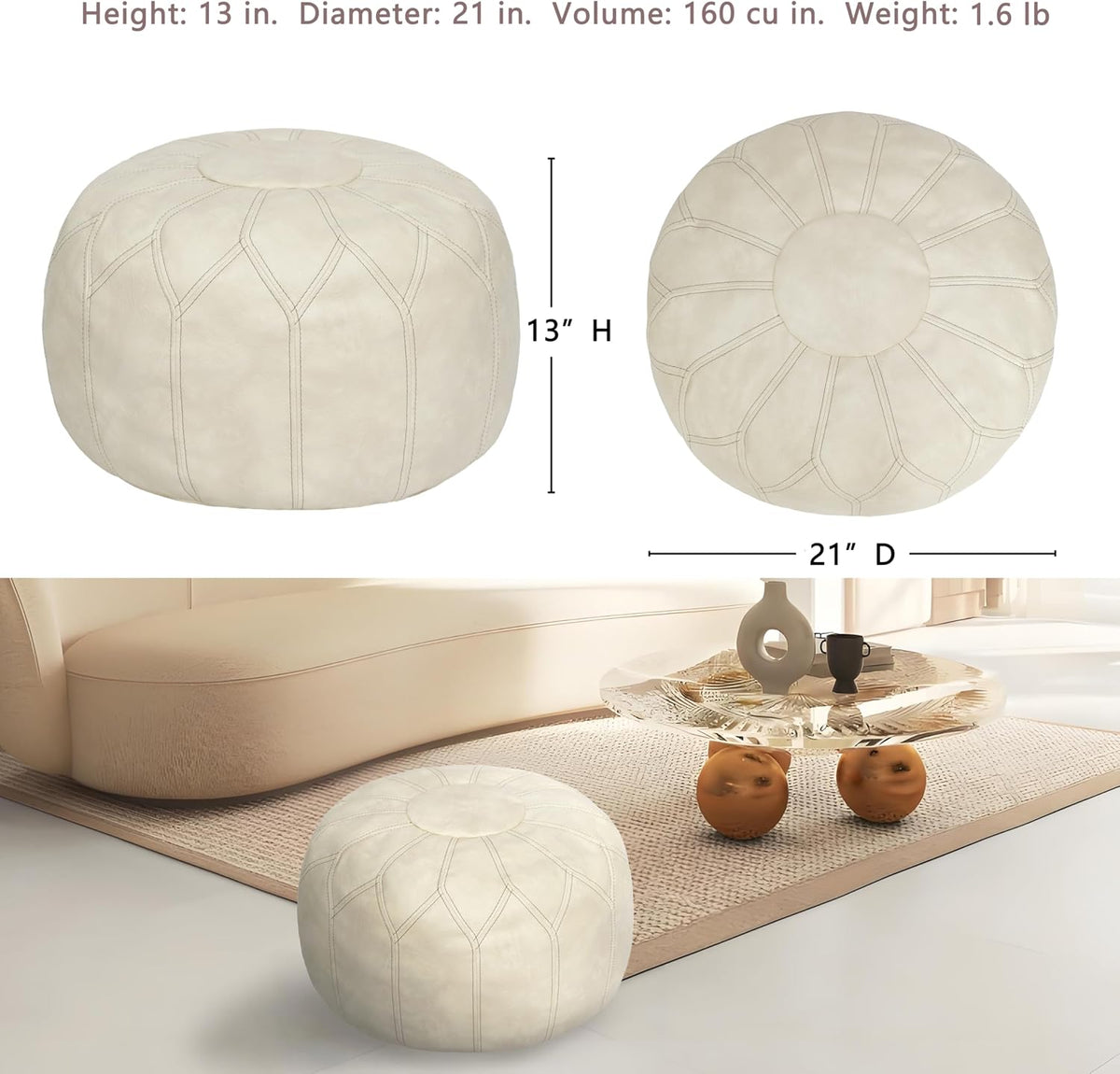 Thgonwid Unstuffed Moroccan Faux Leather Pouf Ottoman Cover with Storage - Boho Chic Multi-Use Footrest for Living Room, Bedroom, Patio - Round Ethnic Floor Cushion & Decorative Accent, Ivory