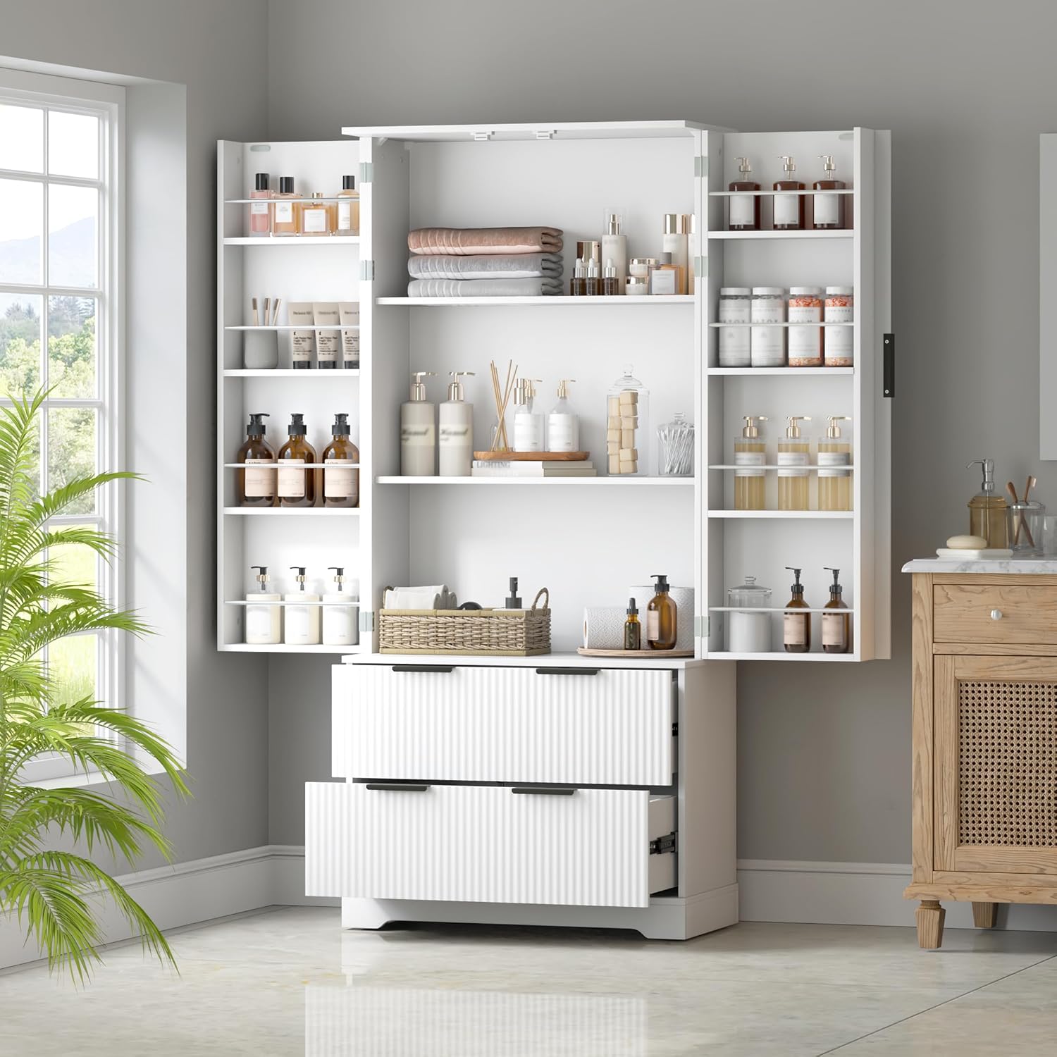 roomfitters 72" Tall Fluted Kitchen Pantry Cabinet with 2 Large Deep Drawers & 8 Door Spice Racks, White
