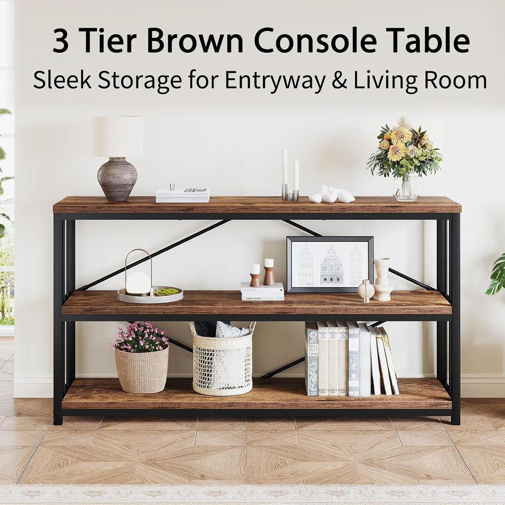 LVB Industrial Console Entryway Table, Metal Wood Rustic Brown, 55 in | Farmhouse 3 Tier Shelf Long Hallway Foyer Entry Tables Behind Couch, Sofa Table for Home Living Room Entryway