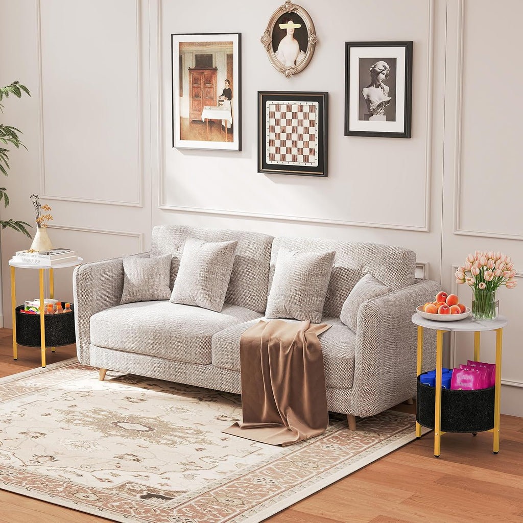 Giantex Round End Table, Small Side Table with Removable Fabric Basket, Modern Bedside Table with Metal Frame, Sofa Couch Accent Table for Small Space Living Room, Nightstand for Bedroom, White