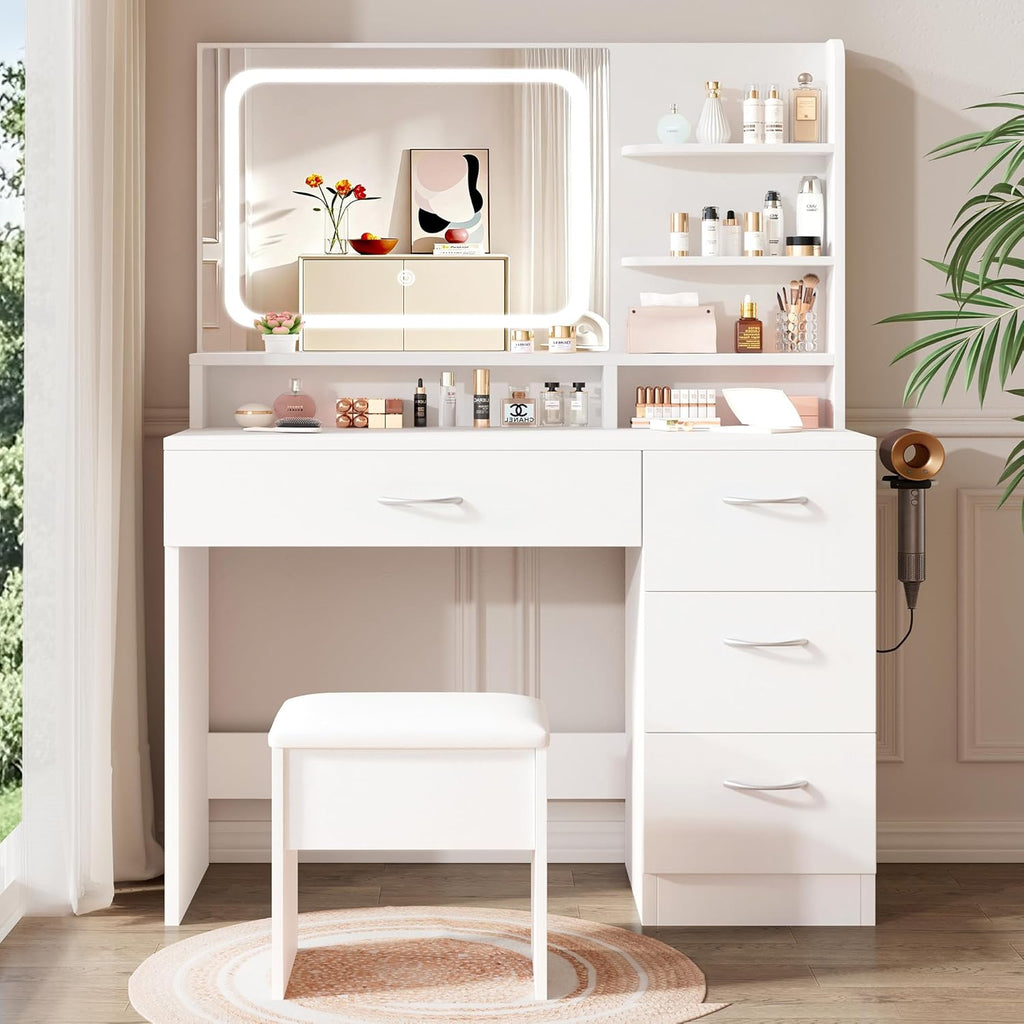 LIVELYGLOW White Makeup Vanity Desk with Charging Station & 4 Drawers | Smart LED Mirror, Cushioned-Stool, Hairdryer Rack