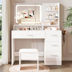 LIVELYGLOW White Makeup Vanity Desk with Charging Station & 4 Drawers | Smart LED Mirror, Cushioned-Stool, Hairdryer Rack
