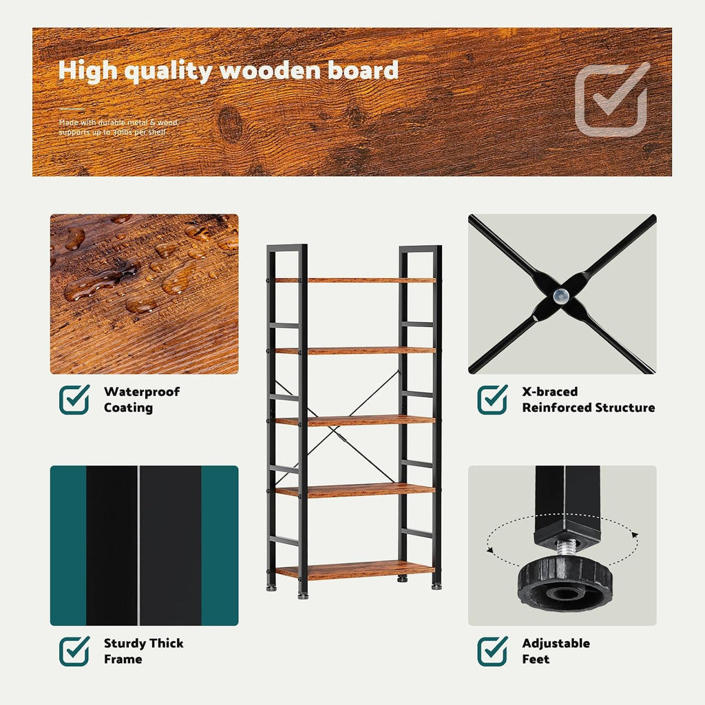 NEWBULIG Book Shelf 5 Tier Modern Bookcase Sturdy Metal Storage Organizer Books/CDs/Magazines Industrial Open Display Shelf for Bedroom Home Office Kitchen Living Room, Rustic