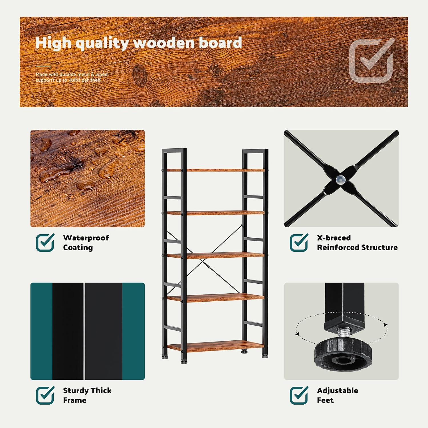 NEWBULIG Book Shelf 5 Tier Modern Bookcase Sturdy Metal Storage Organizer Books/CDs/Magazines Industrial Open Display Shelf for Bedroom Home Office Kitchen Living Room, Rustic