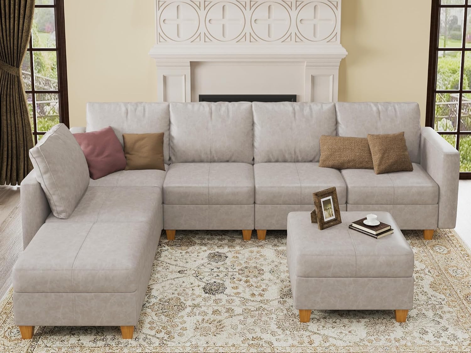 EASE MOOSE Leather Sectional L Shaped Sofa with Storage Ottomans, Whitesand | Faux Leather Modular Sectional sofa with Storage, Material Scratch Resistant ,Freely combinable,Convertible sofa bed