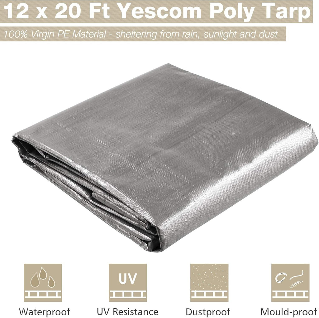 Yescom 12x20 Ft 14 Mil Heavy Duty Reinforced Poly Tarp Reversible Waterproof Tarpaulin Ground Sheet Cover Reversible Silver Black Tarps