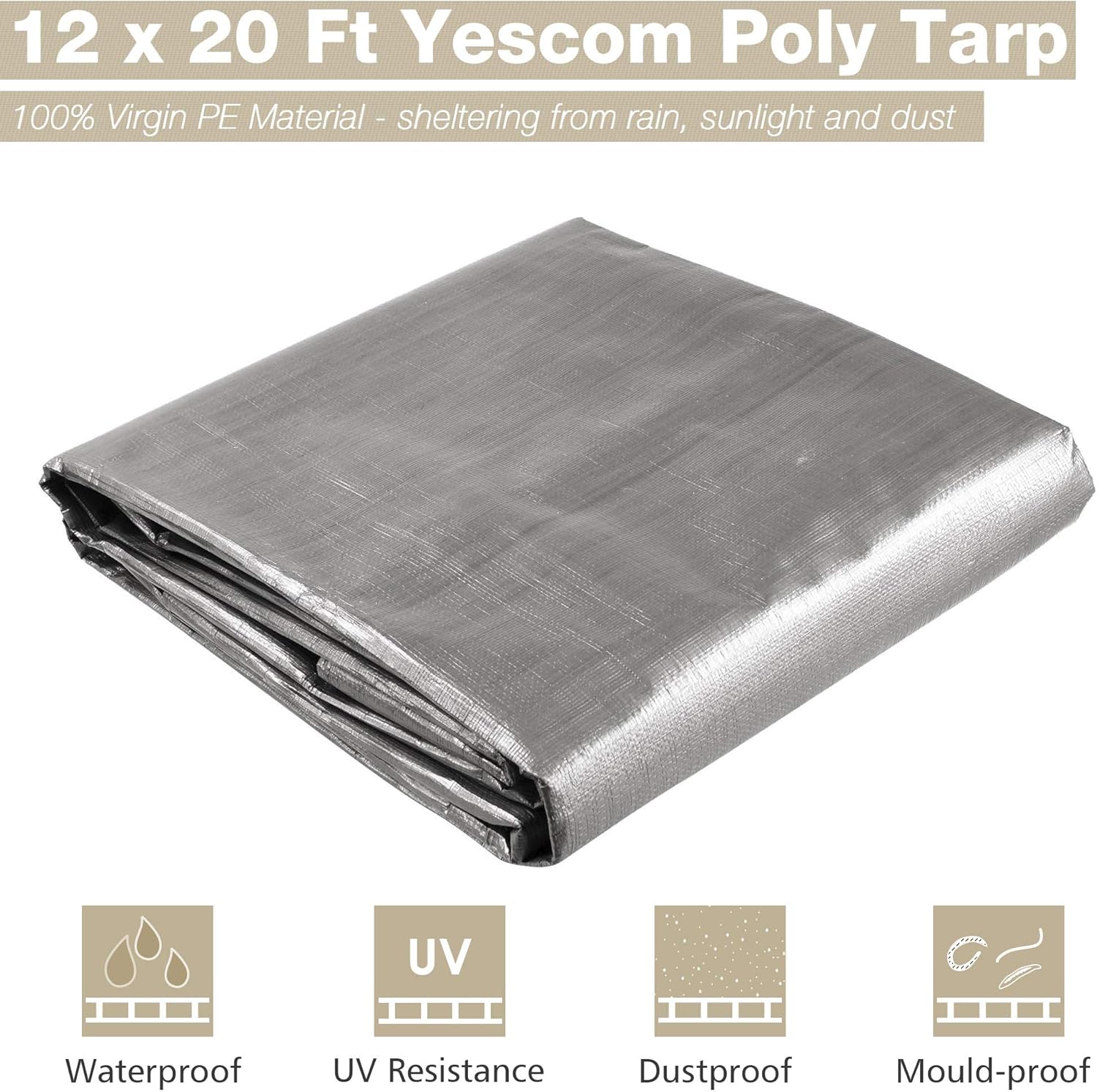 Yescom 12x20 Ft 14 Mil Heavy Duty Reinforced Poly Tarp Reversible Waterproof Tarpaulin Ground Sheet Cover Reversible Silver Black Tarps