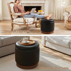 19" Round Swivel Storage Ottoman with Tray Top, Upholstered Faux Leather Foot Stool with Solid Acacia Wood Base 500 lbs Modern Accent Footrest for Living Room & Bedroom Fully Assembled Black
