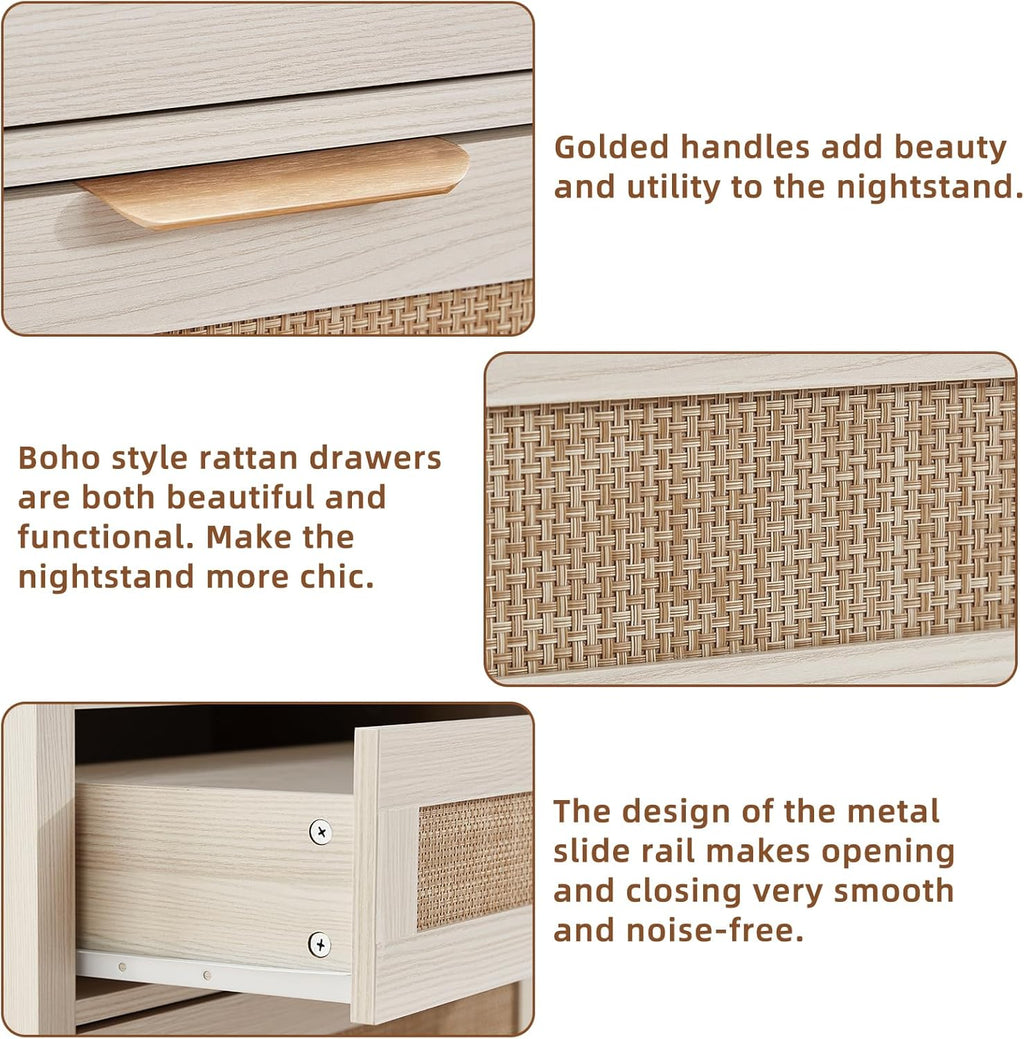 LEYAOYAO 31.5" Wide Rattan Nightstand, Large Boho 3 Drawer Night Stand | Grey White Bedside Table with Storage, Tall Bed Side End Tables for Bedroom, Living Room, Hallway
