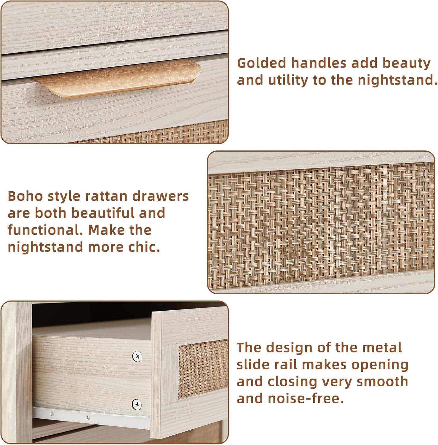 LEYAOYAO 31.5" Wide Rattan Nightstand, Large Boho 3 Drawer Night Stand | Grey White Bedside Table with Storage, Tall Bed Side End Tables for Bedroom, Living Room, Hallway