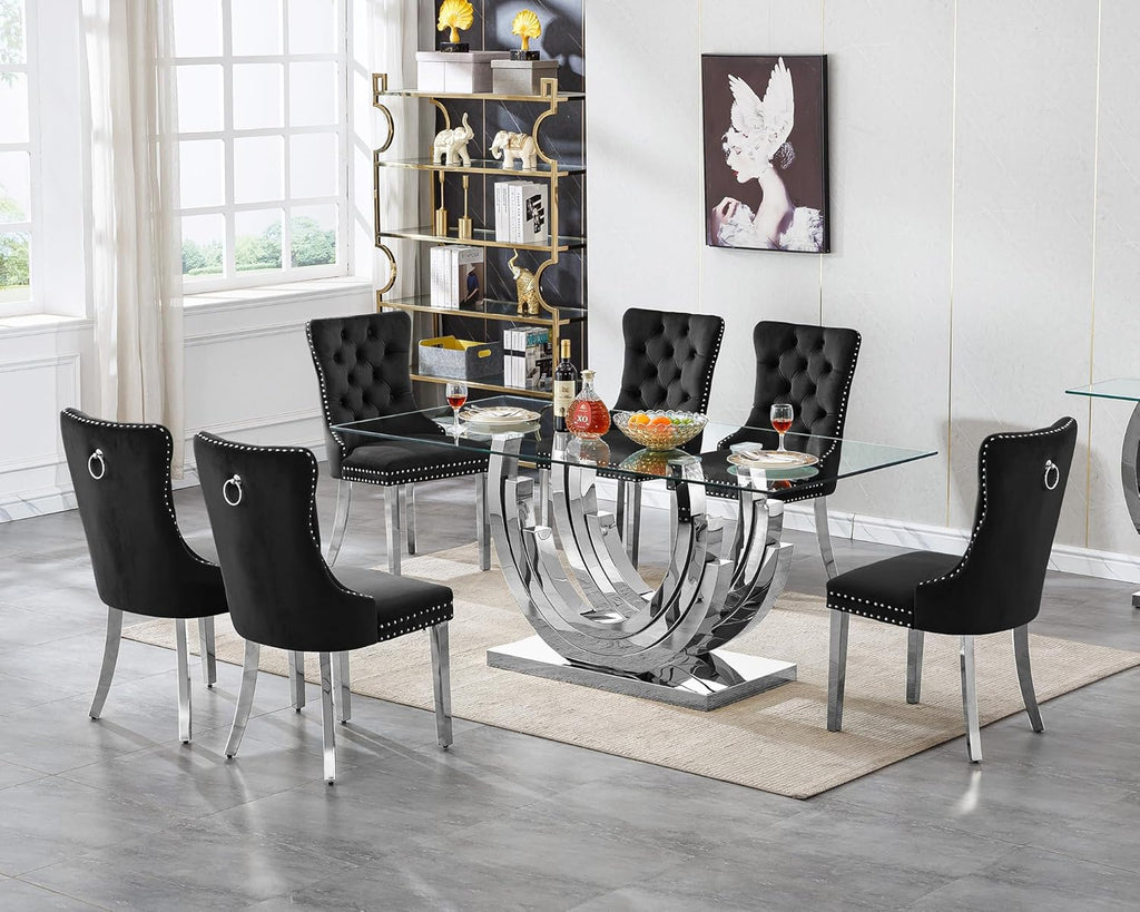 SSLine 7-Piece Silver Glass Dining Table Set for 6, Modern Luxury 70" Glass Dining Room Table with Three-Ring Shape Stainless Steel Base, Elegant Kitchen Table Set with 6 Black Tufted Chairs