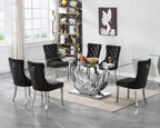 SSLine 7-Piece Silver Glass Dining Table Set for 6, Modern Luxury 70" Glass Dining Room Table with Three-Ring Shape Stainless Steel Base, Elegant Kitchen Table Set with 6 Black Tufted Chairs