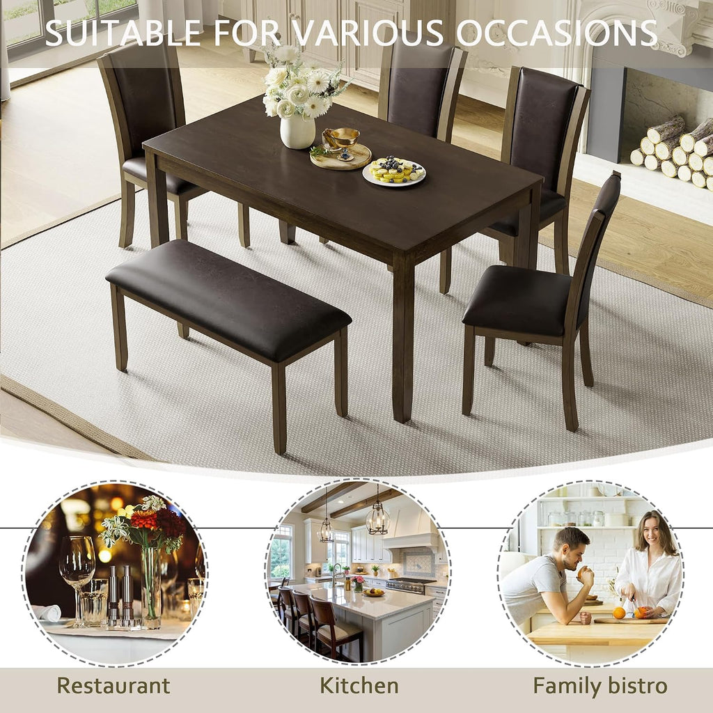 6-Piece Dining Table Set with Bench and Chairs - Solid Wood Kitchen Dining Room Table Set in Farmhouse Rustic Style, Table Set for 6 with 4 Chairs and Bench Seat.(Dark Walnut_Large)