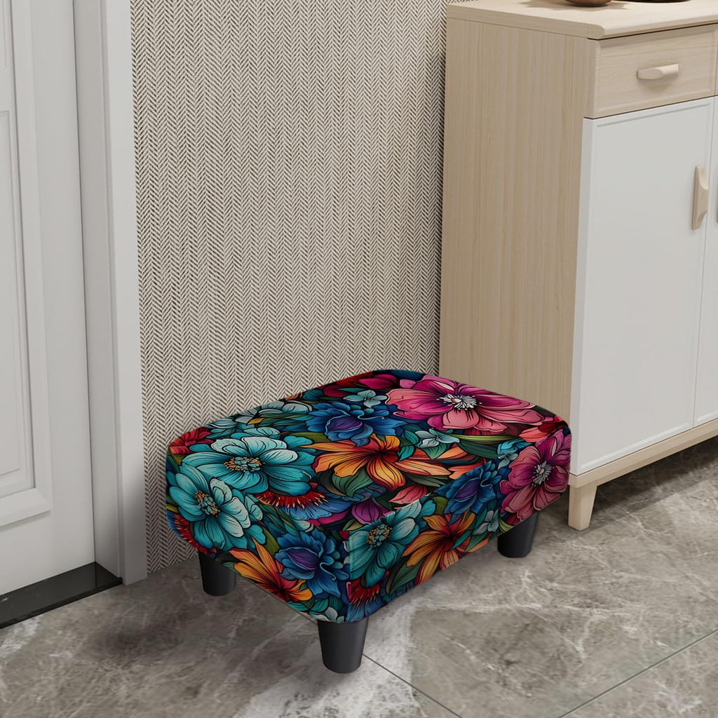 Flower Small Foot Stool Ottoman, Vintage Floral Linen Footrest for Couch | Soft Padded Cushion, Sturdy 4-Leg Frame, Non-Slip Feet, Compact 15" Size, Easy Assembly, Versatile Use