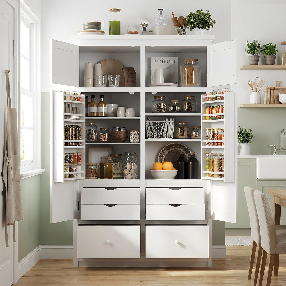 74.8" Tall Kitchen Pantry Cabinet with 4 Doors 6 Drawers 4 Pull-Out Trays, Freestanding Kitchen Cabinet Organizer for Dining Room Living Room, Pantry Cabinets for Kitchen Storage(White)