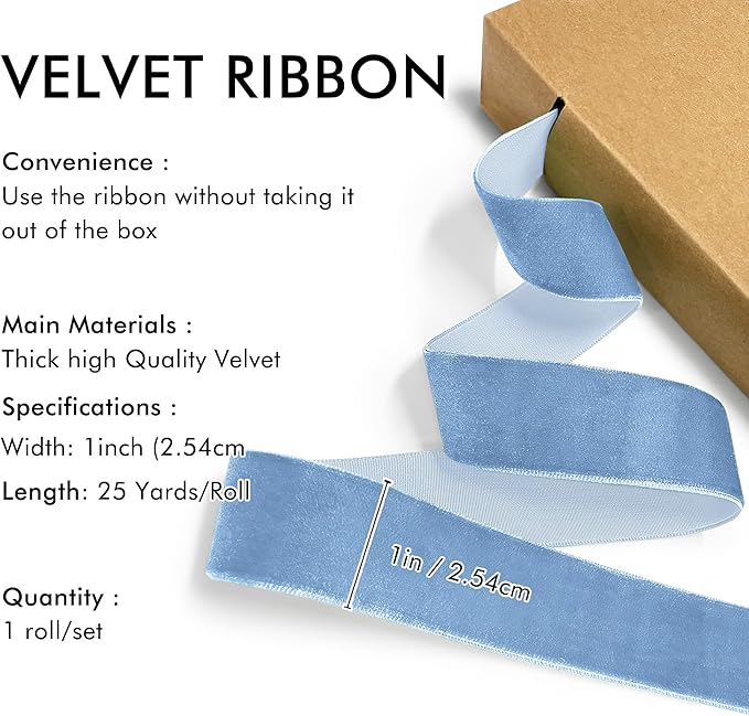 Blue Velvet Ribbon 1'' 25 Yards for Christmas Tree, Gift Wrapping, Flower Bouquet, Wreath Decorations, Bow Making