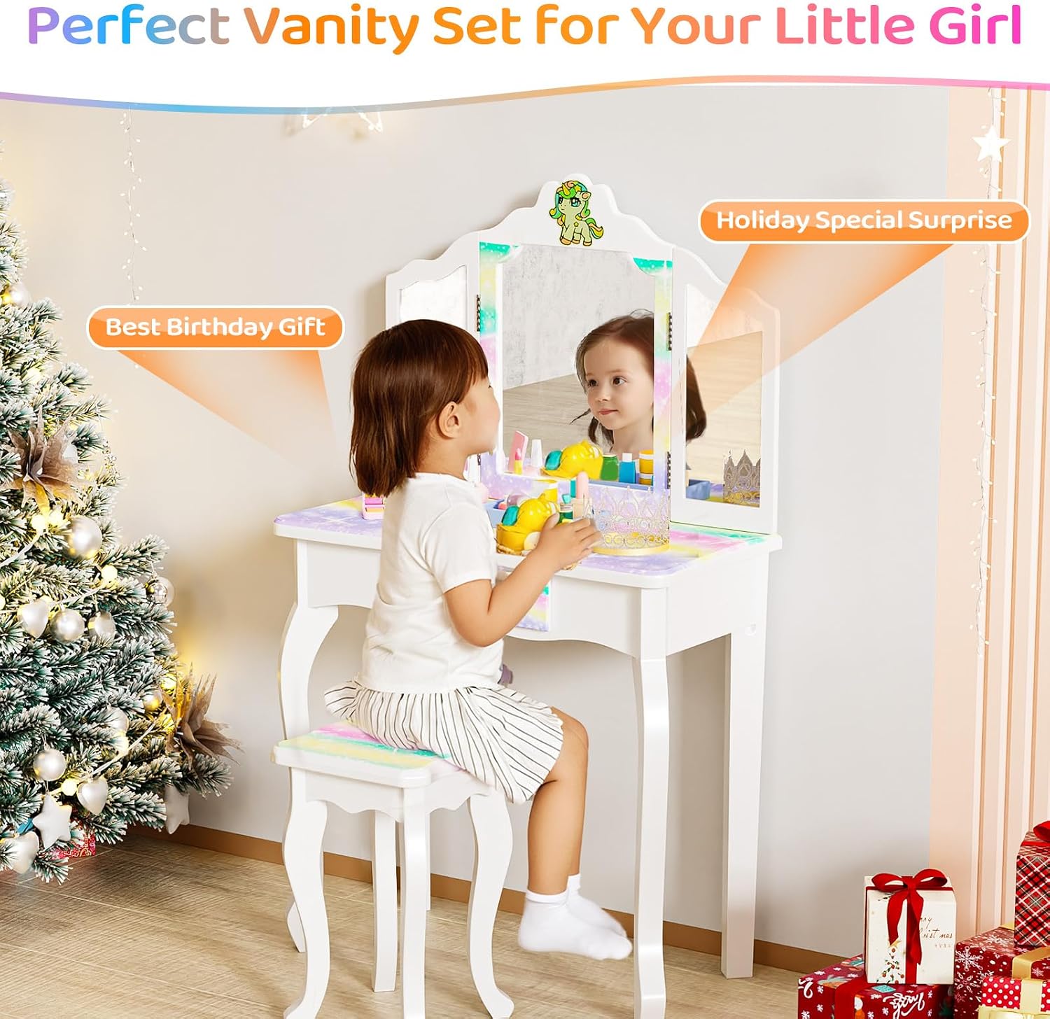 JOYMOR Luminous Unicorn Kids Vanity, 2-in-1 Toddler Vanity, w/Tri-Fold Mirror, 1 Drawer, Kids Vanity Table and Chair Set for Girls, Perfect Birthday