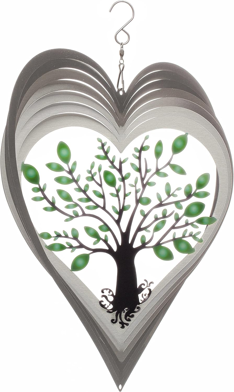 ISEO Silver Heart Wind Spinner for Yard and Garden, Hanging Outdoor Decor, Porch and Patio Decorations, Weather Resistant, 12”