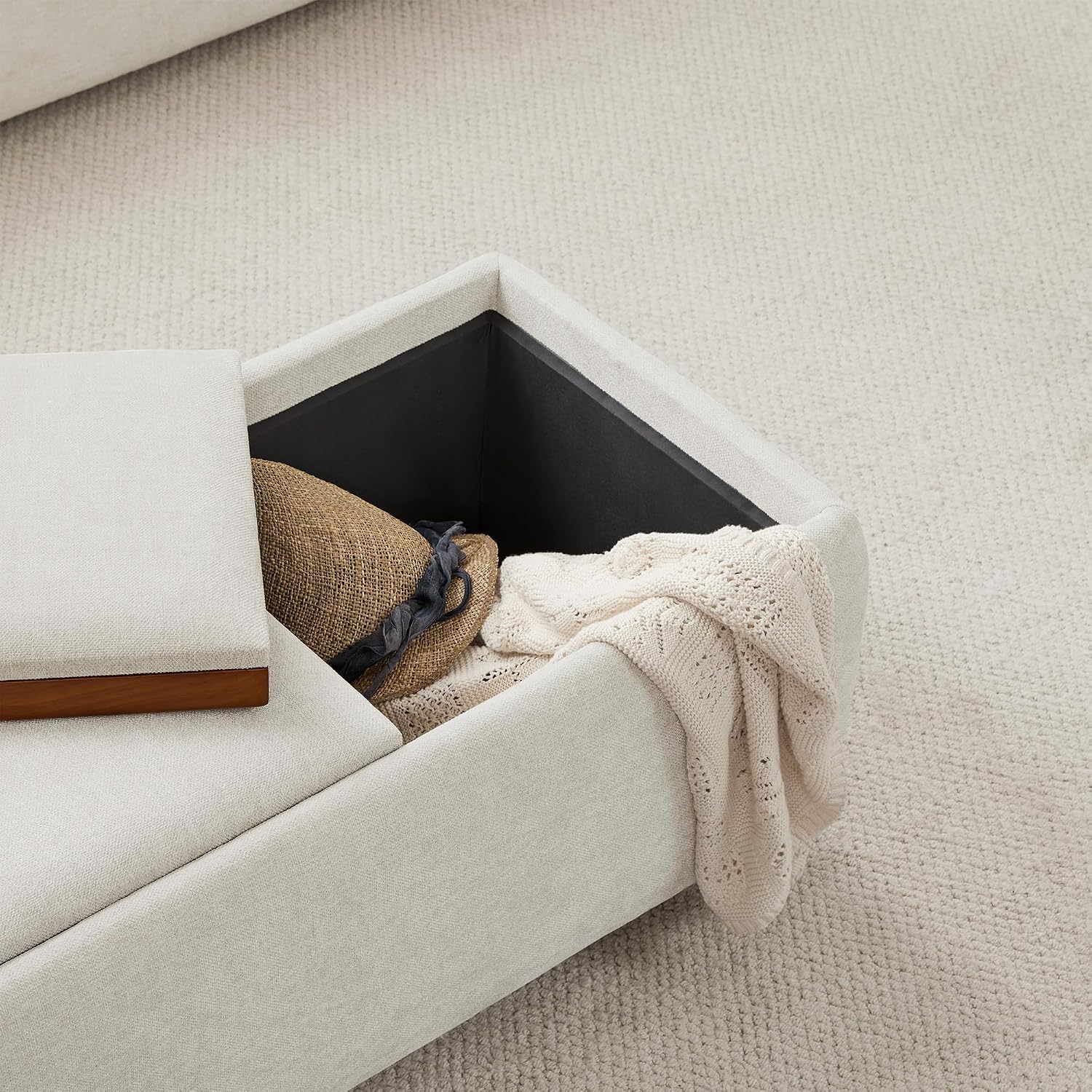 CHITA Storage Ottoman with Tray Lids, FSC Certified Small Rectangular Bench for Living Room, Bedroom, Fabric in Linen