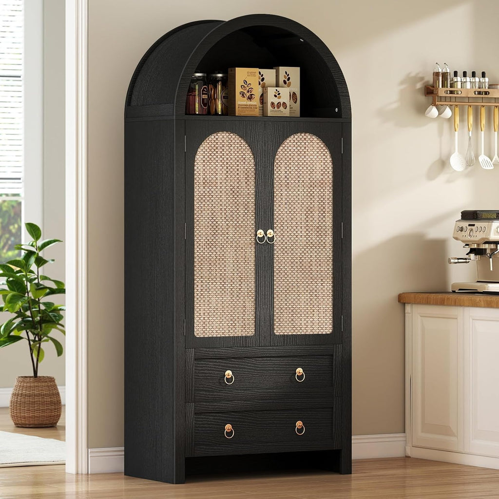 71" Arched Cabinet Kitchen Pantry Cabinet with Rattan Doors, Storage Cabinet with Drawers & Height Adjustable Shelves, Hutch Cabinets with Storage, Tall Arch Bookcase for Dining Room Kitchen, Black