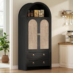 71" Arched Cabinet Kitchen Pantry Cabinet with Rattan Doors, Storage Cabinet with Drawers & Height Adjustable Shelves, Hutch Cabinets with Storage, Tall Arch Bookcase for Dining Room Kitchen, Black