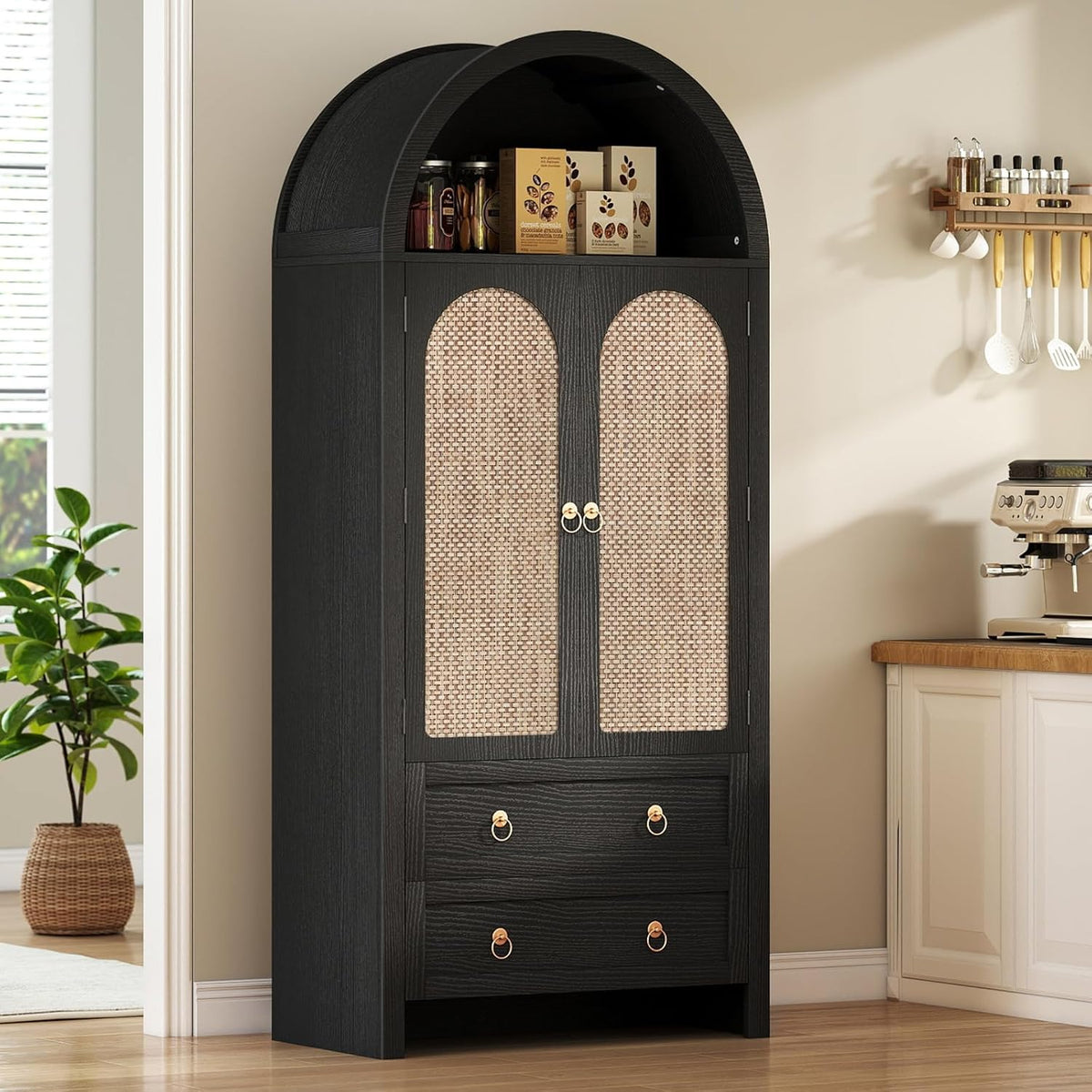 71" Arched Cabinet Kitchen Pantry Cabinet with Rattan Doors, Storage Cabinet with Drawers & Height Adjustable Shelves, Hutch Cabinets with Storage, Tall Arch Bookcase for Dining Room Kitchen, Black
