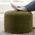 Upholstered Round Green Pouf Ottoman, Modern Footstool | Chenille Footrest with Soft Padded Seat & Wood Frame, Sage Green Ottoman, Accent Vanity Stool for Living Room and Bedroom