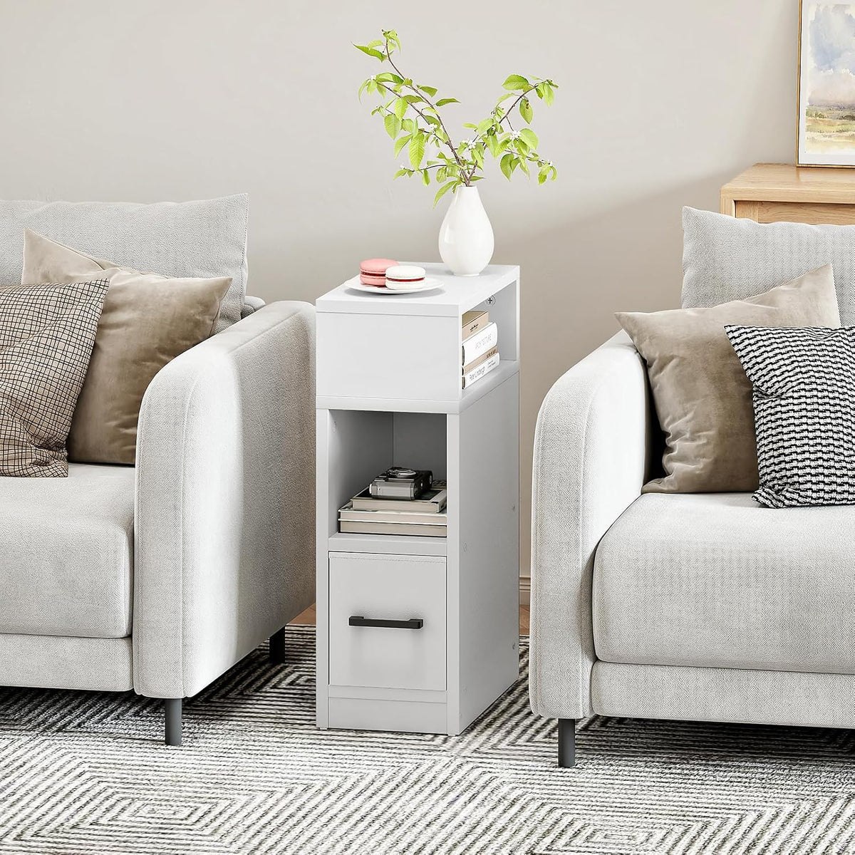 CHOEZON Narrow Side Table, 7.9" Small Nightstand with Drawer, Skinny Bedside Table, for Small Spaces, Flexible Open Compartment, for Bedroom, Living Room, White MBZ11WB
