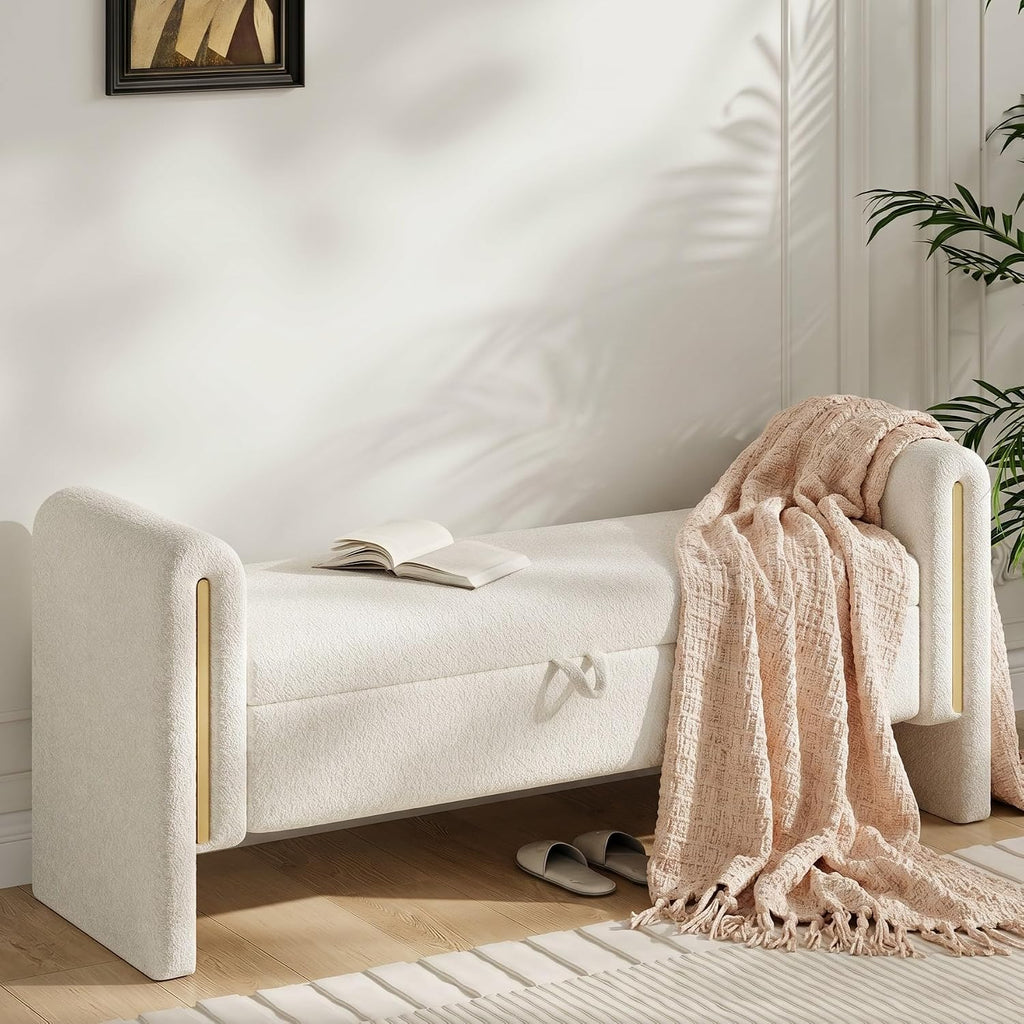 Storage Ottoman Bench, End of Bed Bench with Pull-Ring | 52" Teddy Upholstered, Window Bench with Armrest, Generous Storage, Safety Hinge, Holds 300 LBS, for Bedroom, Cream