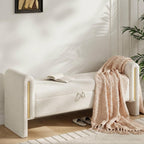 Storage Ottoman Bench, End of Bed Bench with Pull-Ring | 52" Teddy Upholstered, Window Bench with Armrest, Generous Storage, Safety Hinge, Holds 300 LBS, for Bedroom, Cream