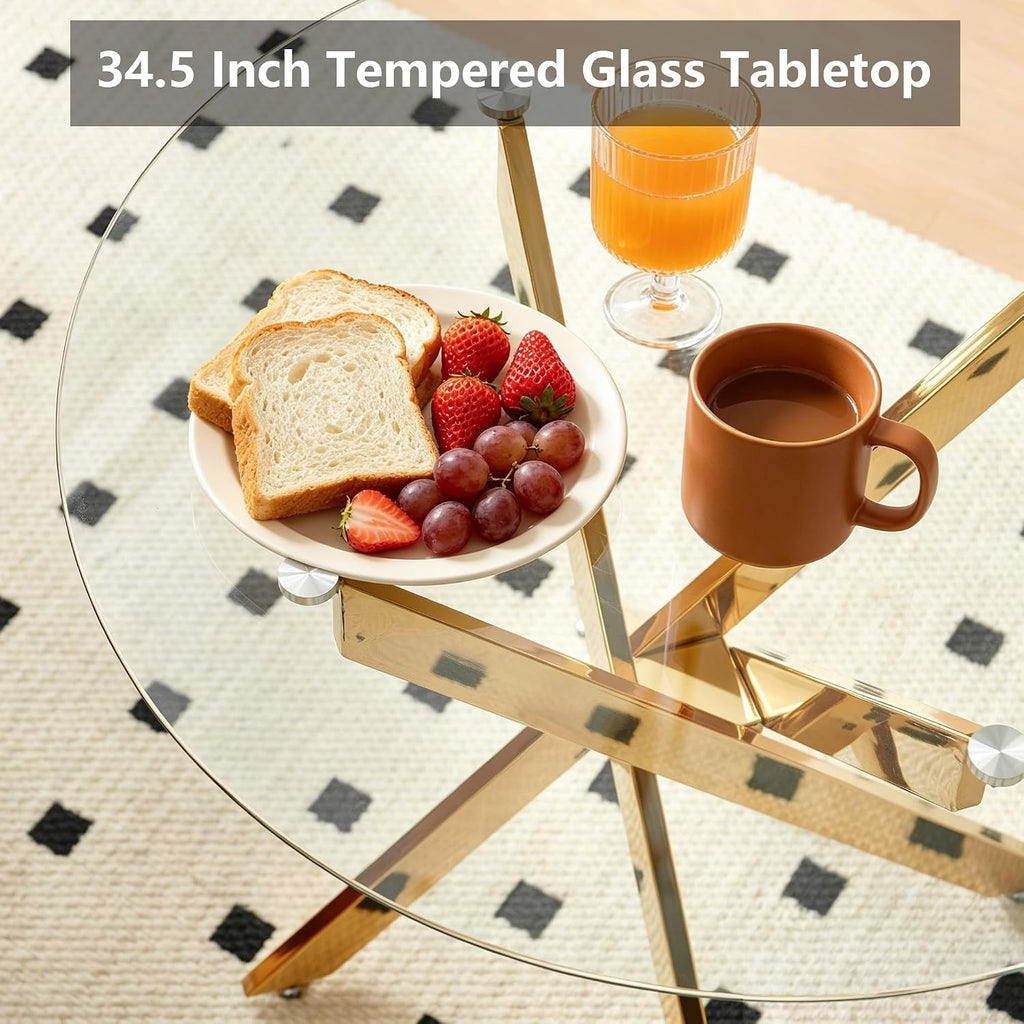 Aoowow Round Dining Table with Glass Top, 35.4” Modern Kitchen Table for 4, Small Glass Circle Dinner Table with Metal Legs for Dining Room, Golden