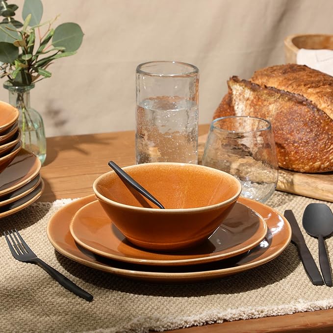 Bloomhouse Montecito Breeze 16 Piece (Service for 4) Double Plates and Bowls Stoneware Reactive Glaze Dinnerware Set - Terracotta Canyon