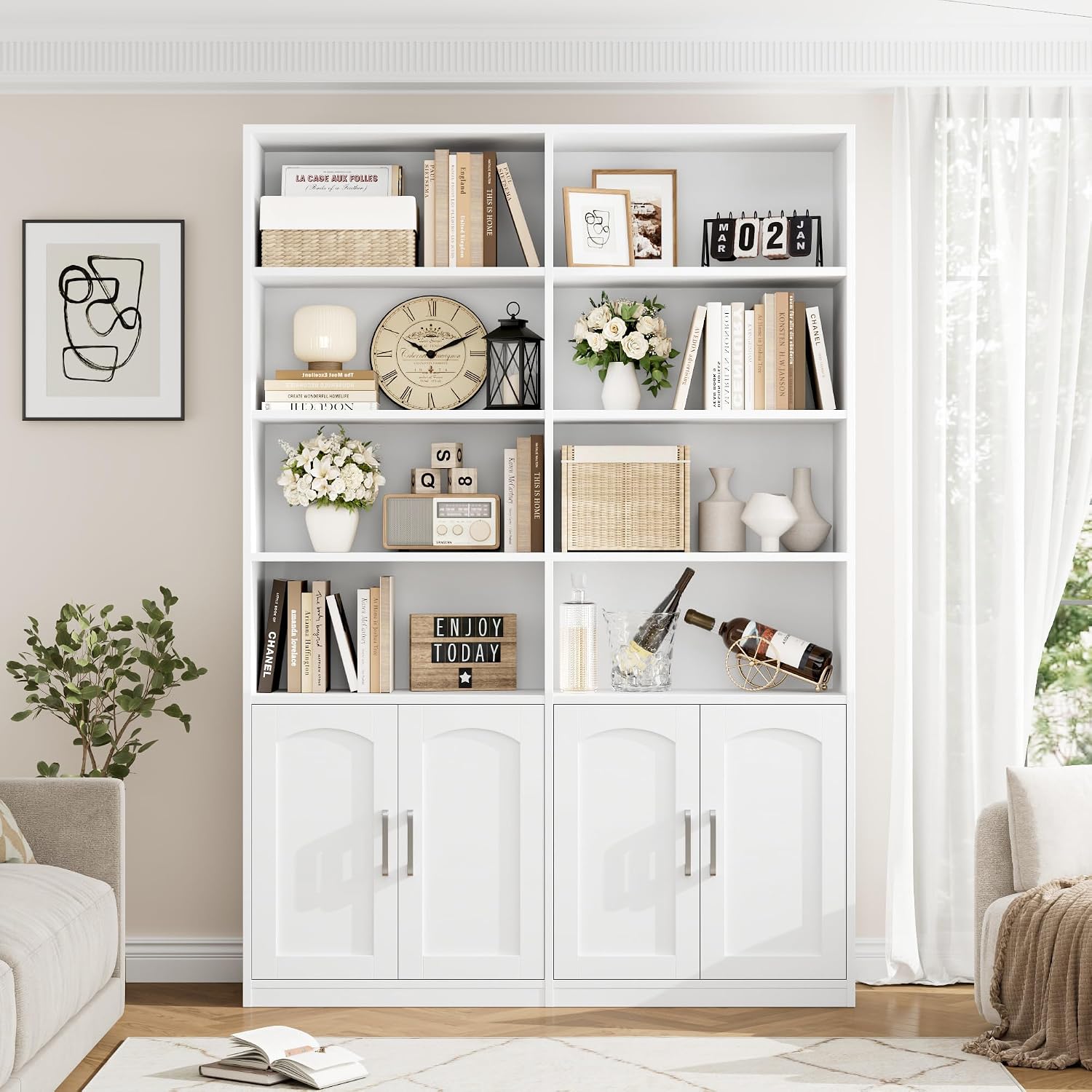 FACBOTALL Bookshelf and Bookcase with Doors, Double Wide Large Bookshelves