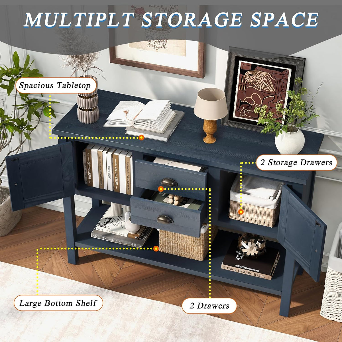 LKTART Farmhouse Sideboard Buffet Cabinet,Solid Wood Sideboard with Storage Drawers and Bottom Shelf, Buffet Cabinet Coffee Bar for Entryway Hallway Foyer,Easy Assembled (46.5" Navy Blue)