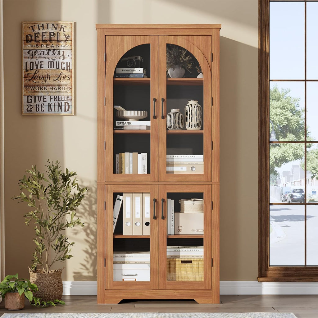 70" Kitchen Pantry Storage Cabinet - Modern Display Pantry Storage with 4 Arched Glass Doors and Adjustable Shelves, Versatile Cupboard Organizers for Kitchen, Dining Room, Living Room, Maple