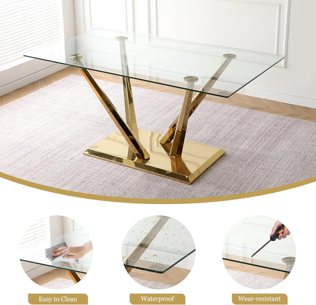 63'' Rectangular Glass Dining Table for 4-6, Luxury Kitchen Table with Tempered Glass and Aesthetic Gold Stainless Steel Base, Modern Dinner Table for Home, Apartment