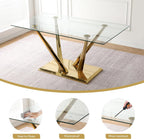 63'' Rectangular Glass Dining Table for 4-6, Luxury Kitchen Table with Tempered Glass and Aesthetic Gold Stainless Steel Base, Modern Dinner Table for Home, Apartment