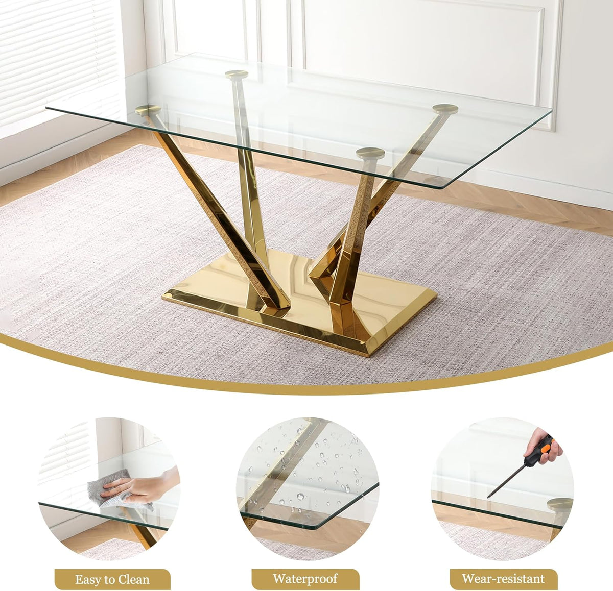 63'' Rectangular Glass Dining Table for 4-6, Luxury Kitchen Table with Tempered Glass and Aesthetic Gold Stainless Steel Base, Modern Dinner Table for Home, Apartment