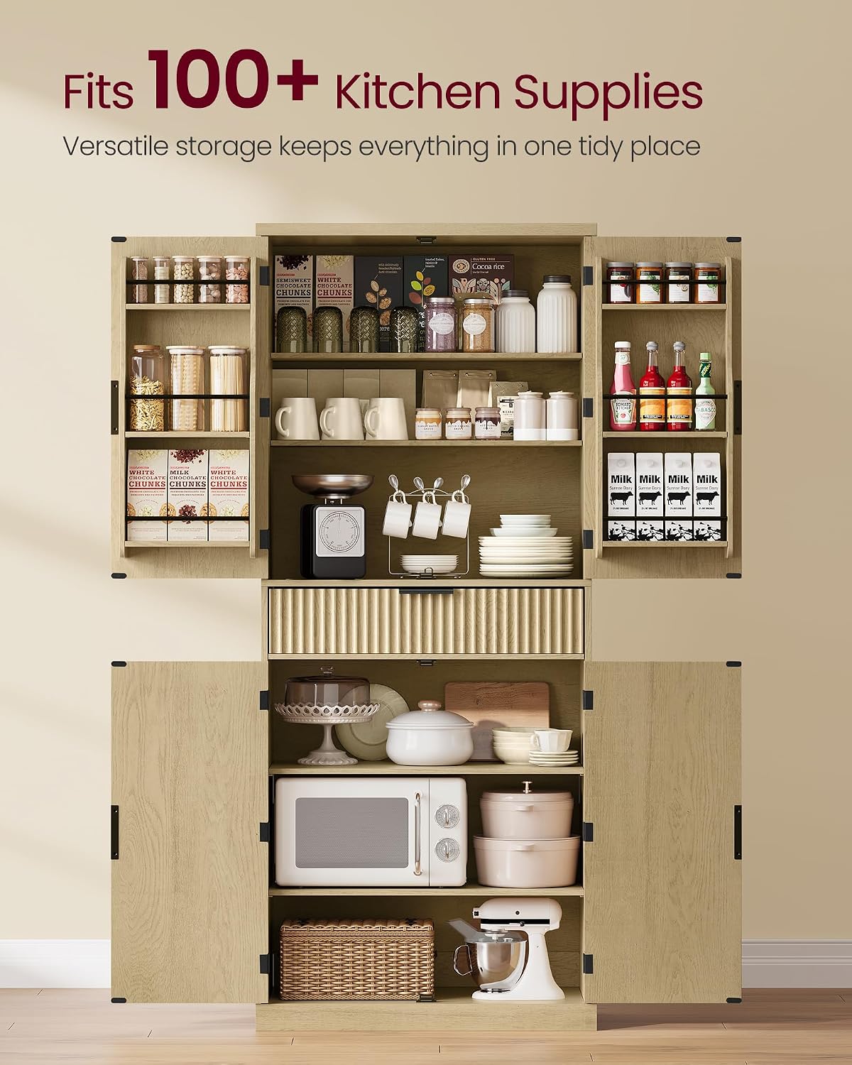 VASAGLE MAXE Collection - Pantry Cabinet, 70.6-Inch Tall Storage Cabinet with Drawer, 6 Adjustable Shelves, 2 Cabinets, Fluted Doors, Mid Century Modern, for Kitchen Living Room, Oak Beige UBBK365Y01