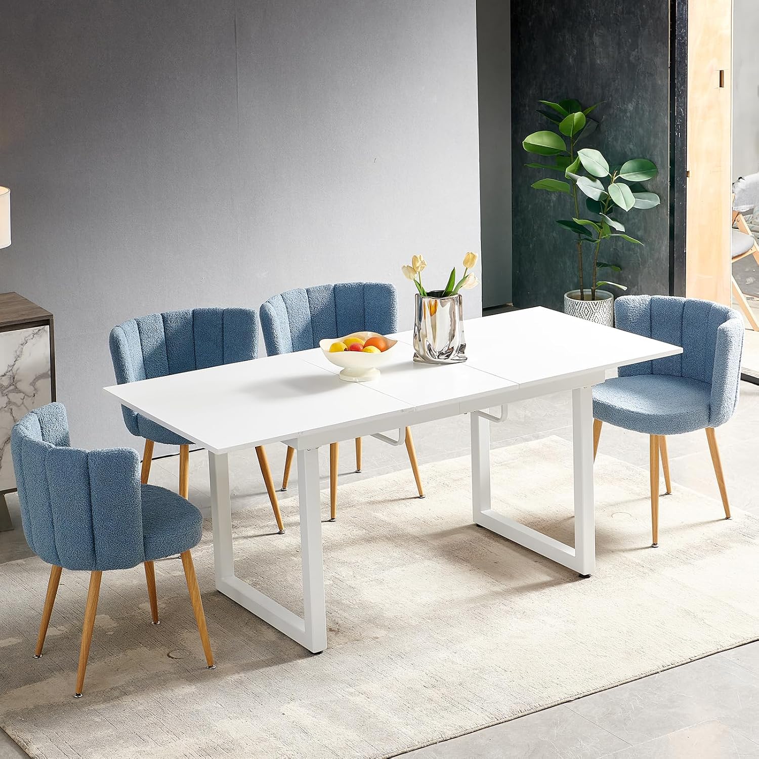 Extendable Dining Table for 4-8 Person, Extendable from 55" to 71", Modern Rectangle Dining Table with MDF Tabletop and Metal Frame, Expanding Kitchen Table for Home, Office (White)