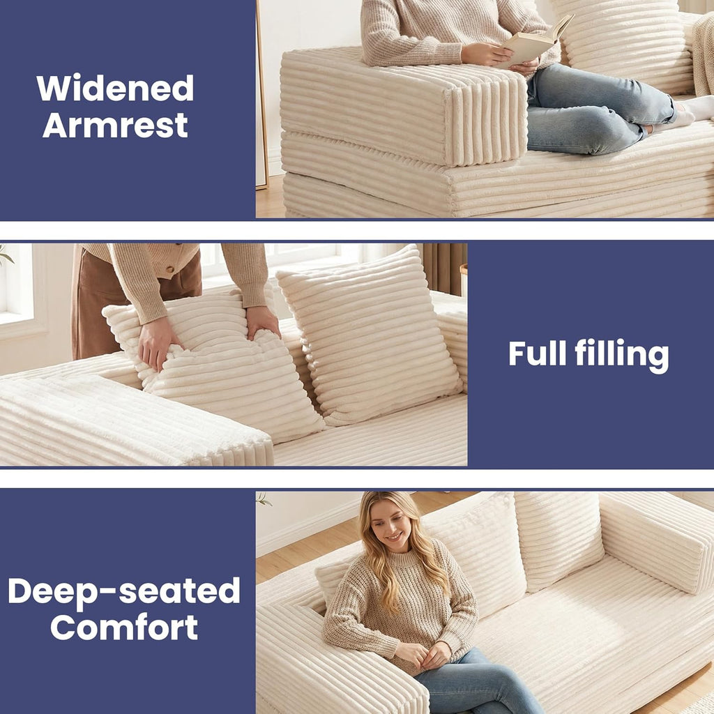 Convertible Sofa Bed, 4-in-1 Loveseat with Removable Armrests Backrest, Corduroy Futon Couch Bed with Pillow, Foldable Mattress Sleeper Sofa for Living Room Bedroom Small Place (Beige)