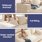 Convertible Sofa Bed, 4-in-1 Loveseat with Removable Armrests Backrest, Corduroy Futon Couch Bed with Pillow, Foldable Mattress Sleeper Sofa for Living Room Bedroom Small Place (Beige)