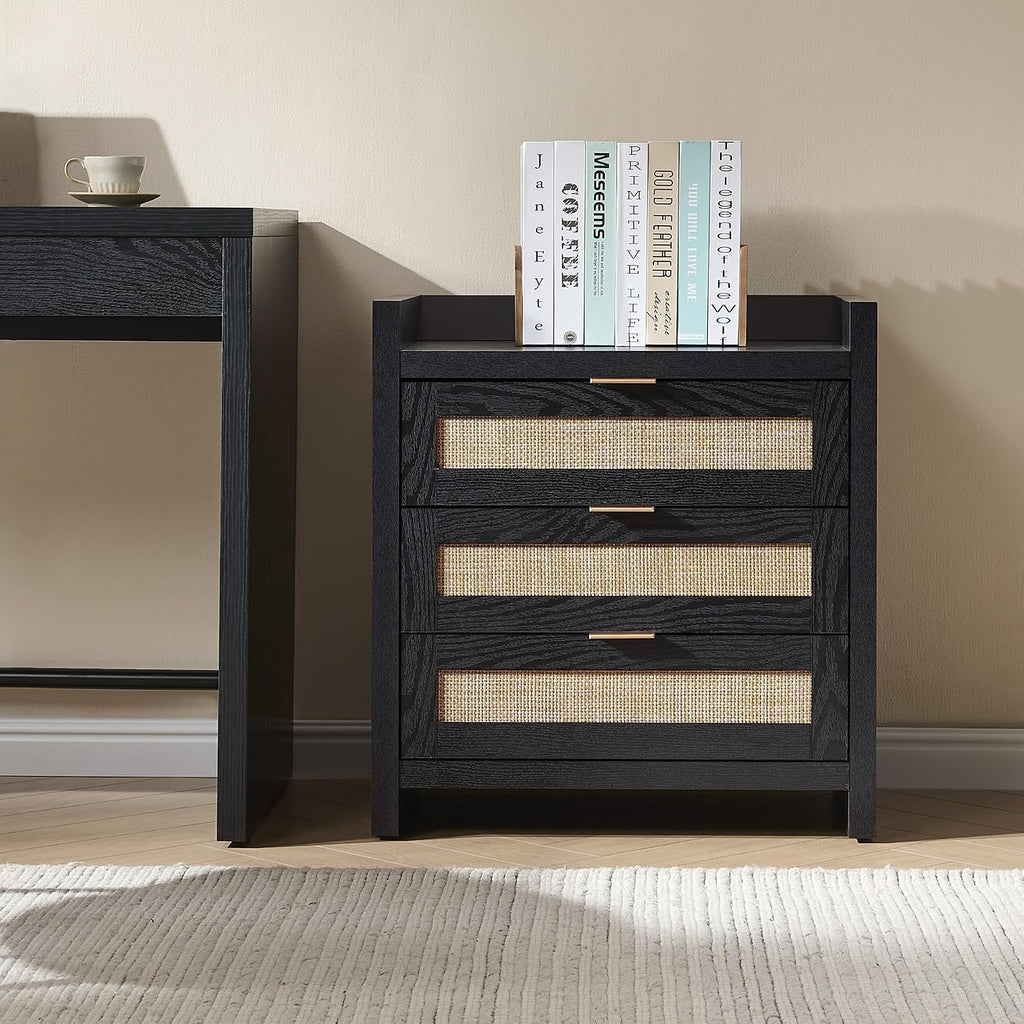 SICOTAS Nightstands Set of 2 : Rattan Tall Bedside Table with 3 Drawers | Farmhouse Boho Night Stand with Type-C Charging Station, Storage, Larger End Table Side Table for Bedroom Office