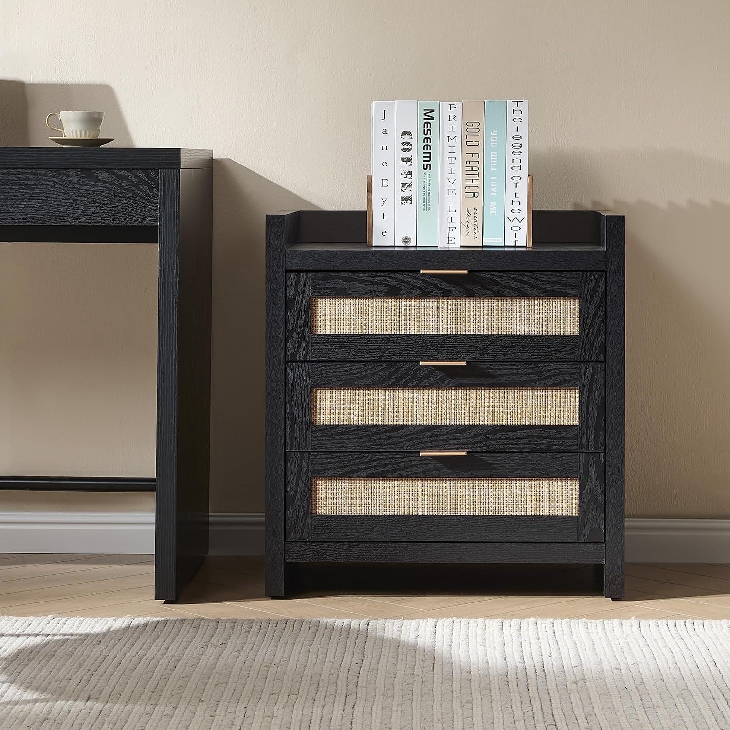 SICOTAS Nightstands Set of 2 : Rattan Tall Bedside Table with 3 Drawers | Farmhouse Boho Night Stand with Type-C Charging Station, Storage, Larger End Table Side Table for Bedroom Office
