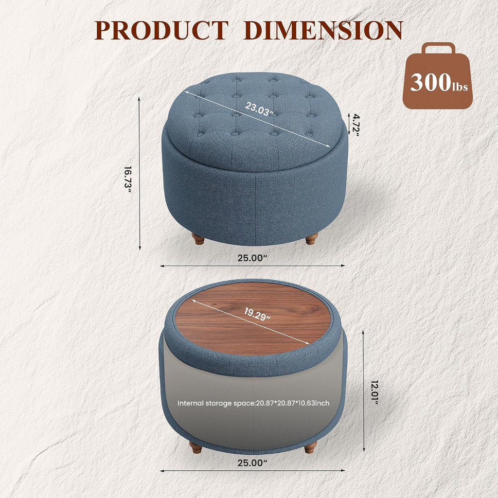 25" Round Ottoman with Storage, Small Coffee Table with Reversible Tray Lid | Tufted Fabric Round Storage Ottoman with Solid Wood Legs, 3-in-1 Footrest for Living Room, Bedroom, Entryway, Blue