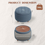 25" Round Ottoman with Storage, Small Coffee Table with Reversible Tray Lid | Tufted Fabric Round Storage Ottoman with Solid Wood Legs, 3-in-1 Footrest for Living Room, Bedroom, Entryway, Blue