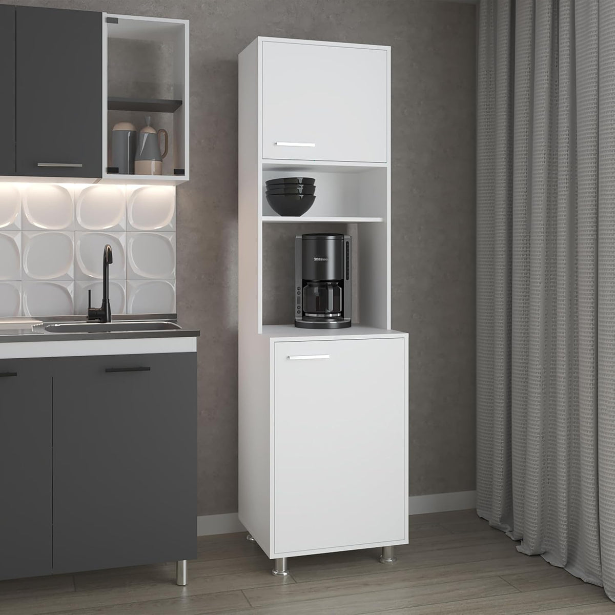 FM FURNITURE Kitchen Pantry Storage Cabinet, Freestanding Organizer with Doors and Open Shelves, Space Saving Kitchen Storage, White