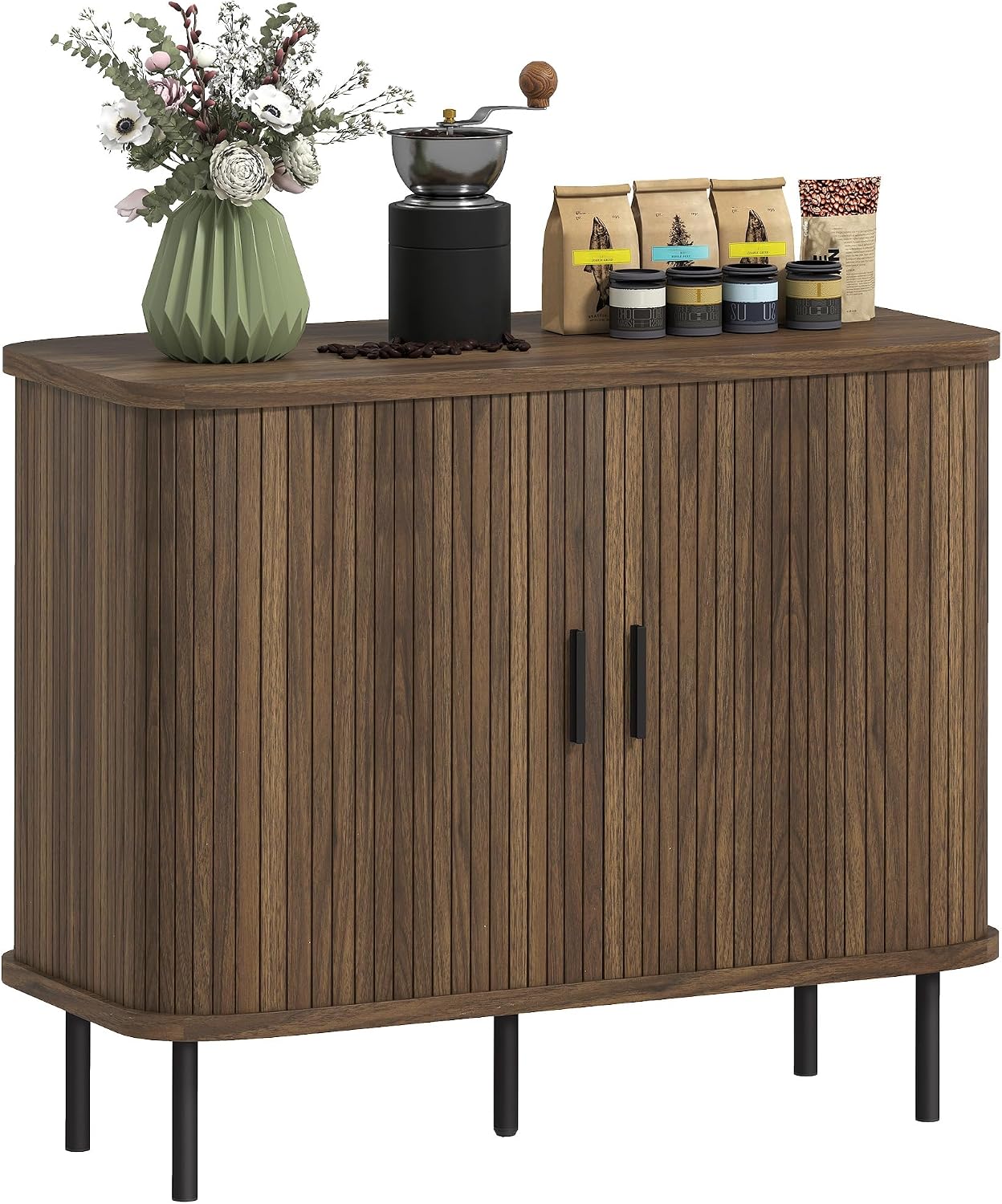 HOMCOM 35.4" Sideboard Buffet Cabinet with Storage, Nordic Coffee Bar Cabinet with Slatted Tambour Doors and Metal Legs, Kitchen Credenza, Walnut