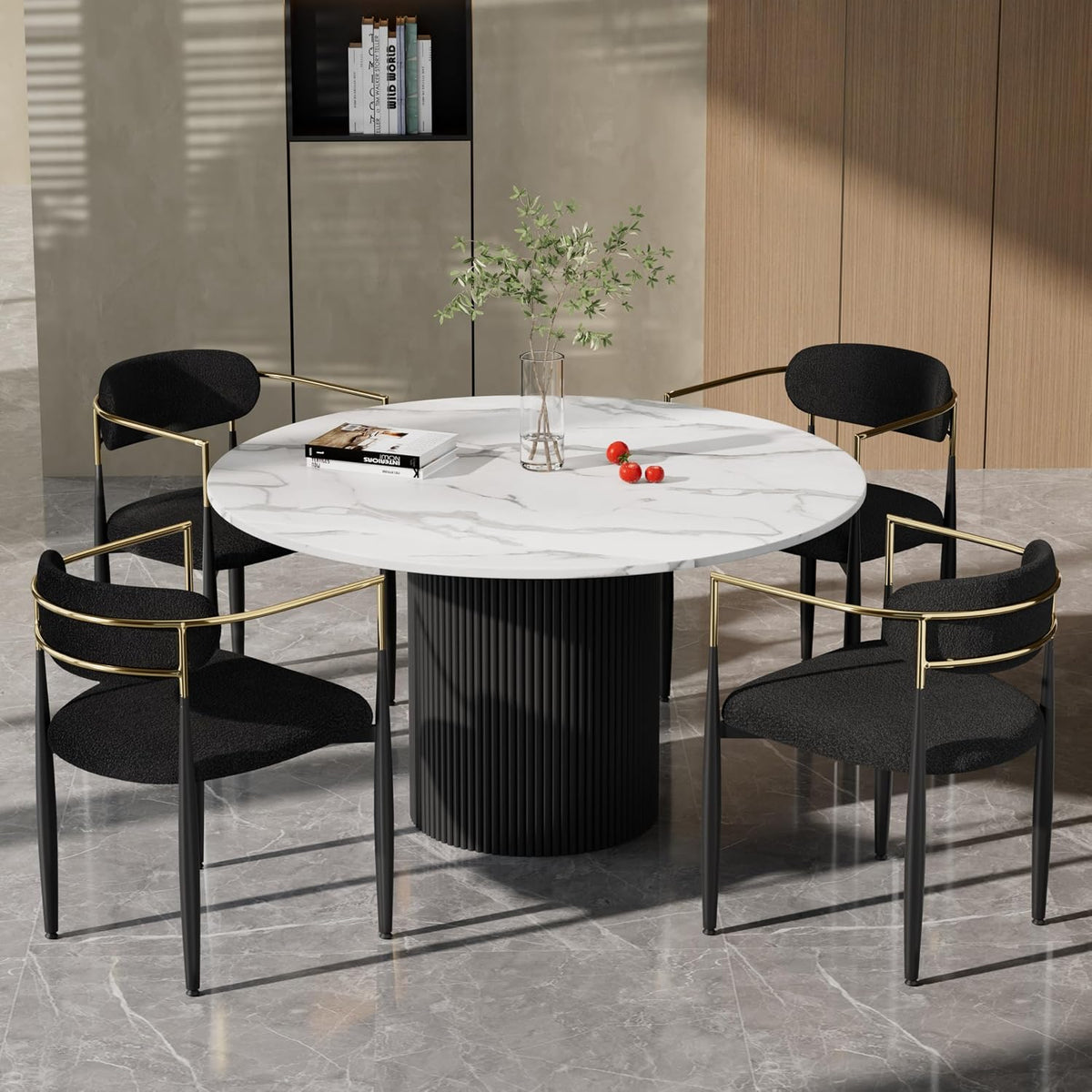 Baysitone Dining Chairs Set of 4 Mid-Century Modern Upholstered Boucle Dining Room Chairs Open Back Curved Backrest Black Metal Legs Gold Armchairs for Kitchen Living Room, Black(Only Chairs)